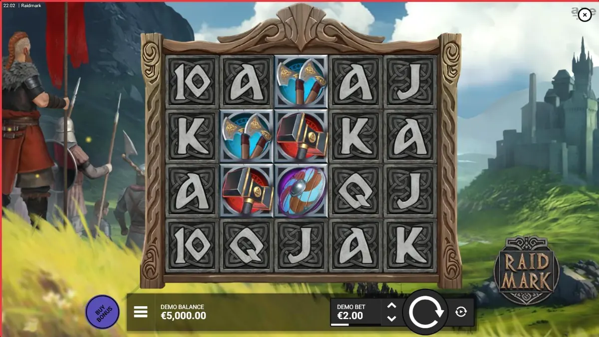 Tampilan visual slot Raidmark dengan tema Viking dan elemen Norse