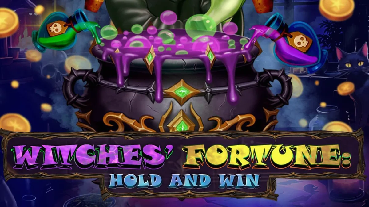 Witches’ Fortune: Hold and Win slot game interface featuring magical potions and witch symbols.