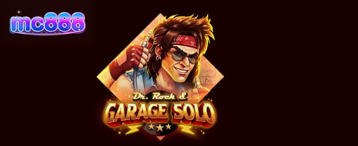 Panggung konser rock dengan simbol gitar dan drum dalam slot Dr. Rock & Garage Solo